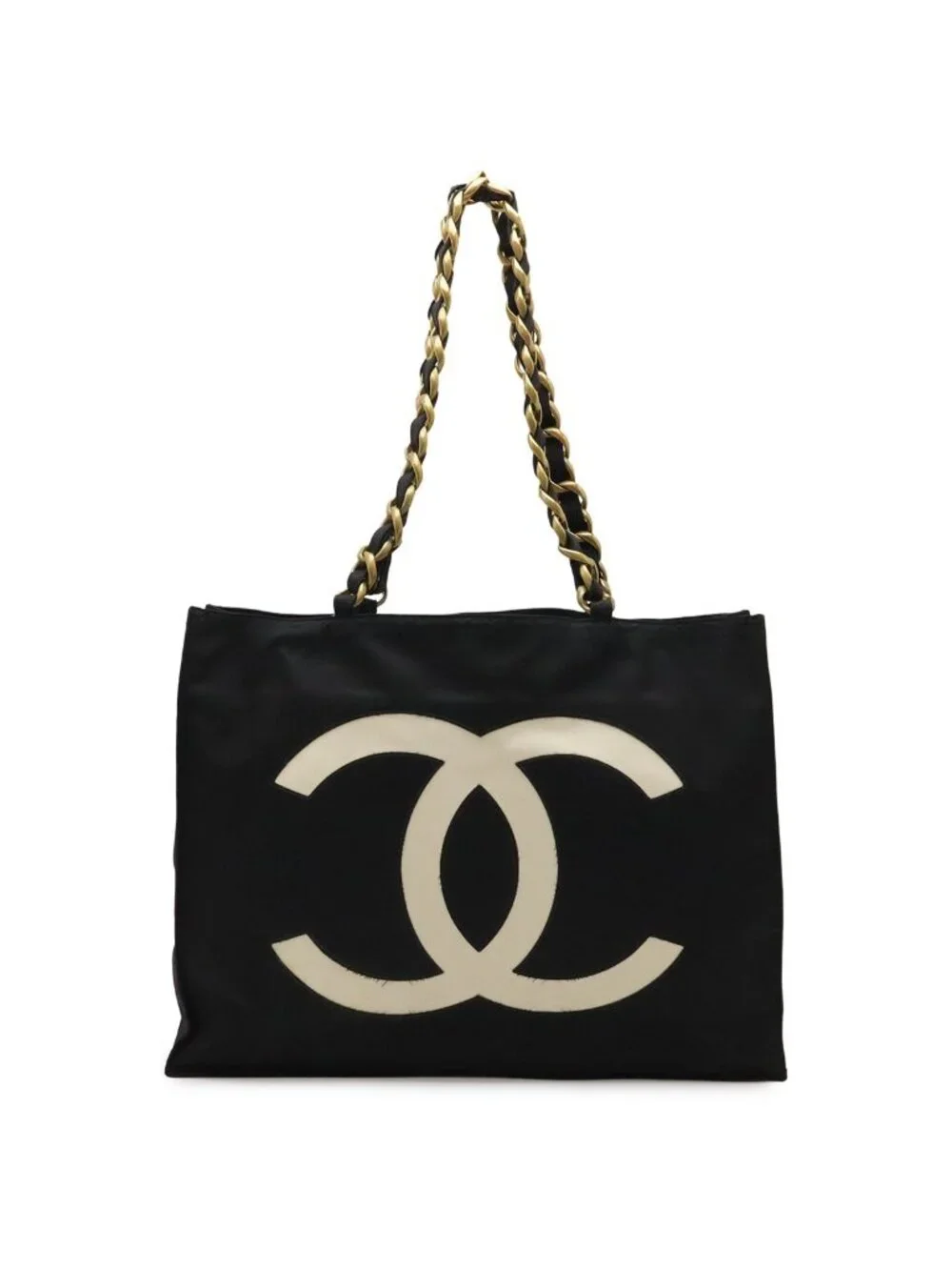 Chanel CC Logo Tote Chain Shoulder Bag Nylon Canvas Black Gold